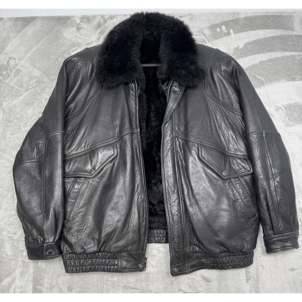 Black Leather Bomber Jacket with Fur Collar - Unbranded